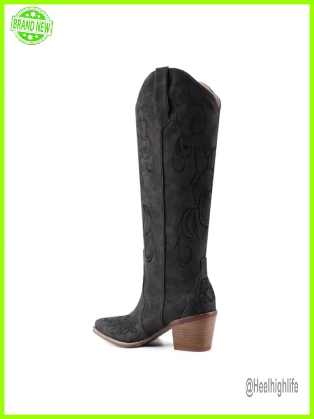 Knee High Cowgirl Boots with Floral Embroidery Snip Toe Pull On